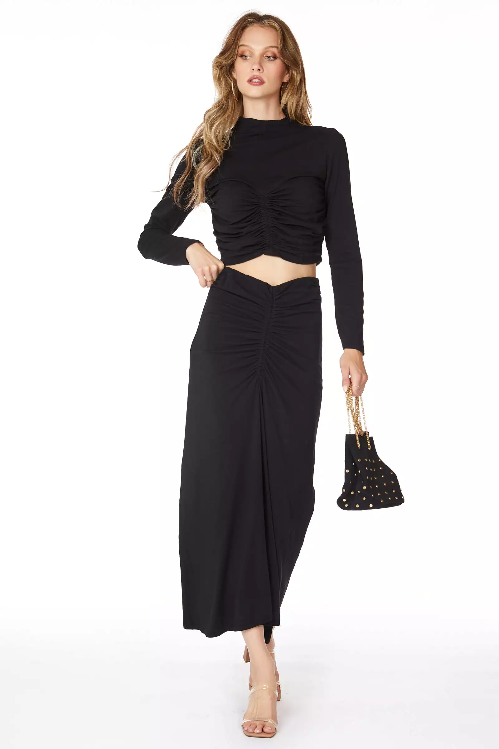 Center Front Ruched Maxi Skirt