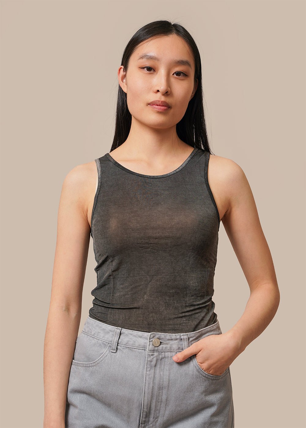 Charcoal Sleeveless Top with Three Straps