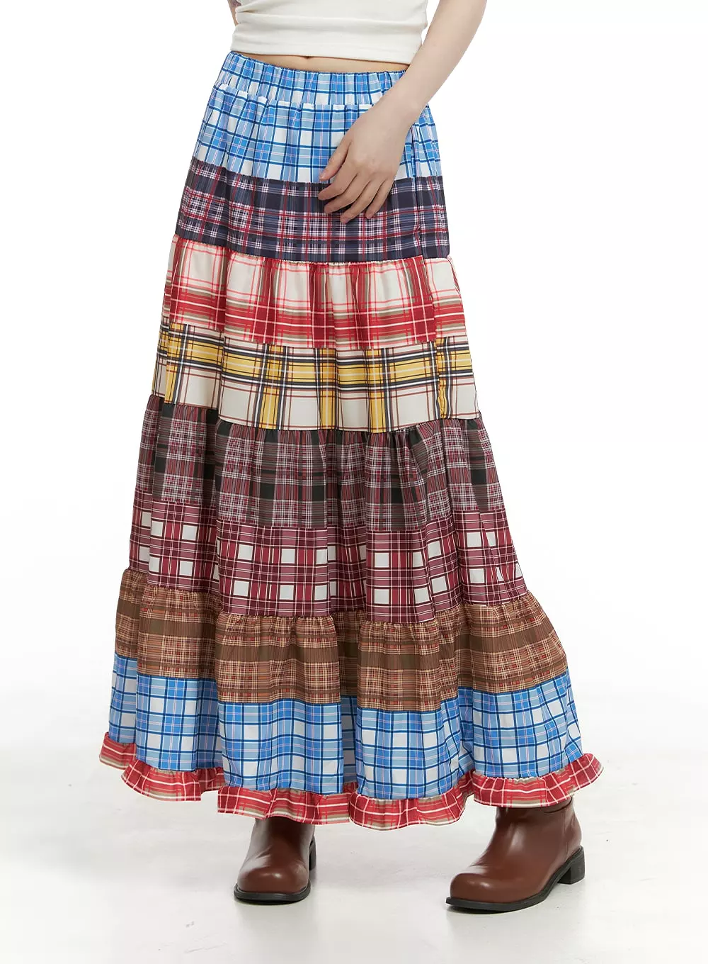 Checkered Maxi Skirt with Ruffle Patchwork - CA411