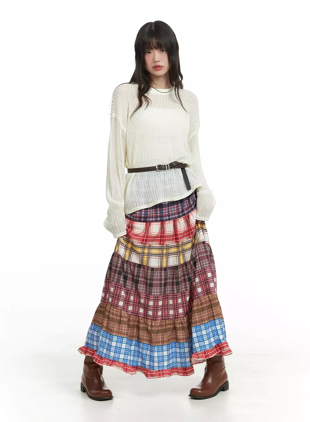 Checkered Maxi Skirt with Ruffle Patchwork - CA411