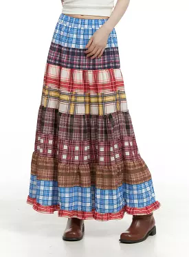 Checkered Maxi Skirt with Ruffle Patchwork - CA411