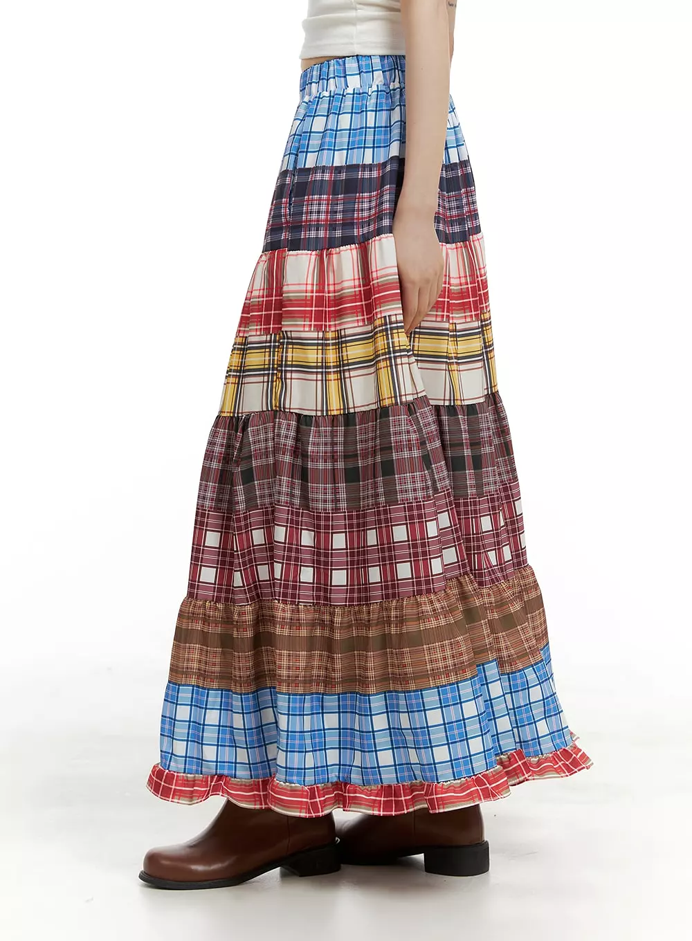 Checkered Maxi Skirt with Ruffle Patchwork - CA411