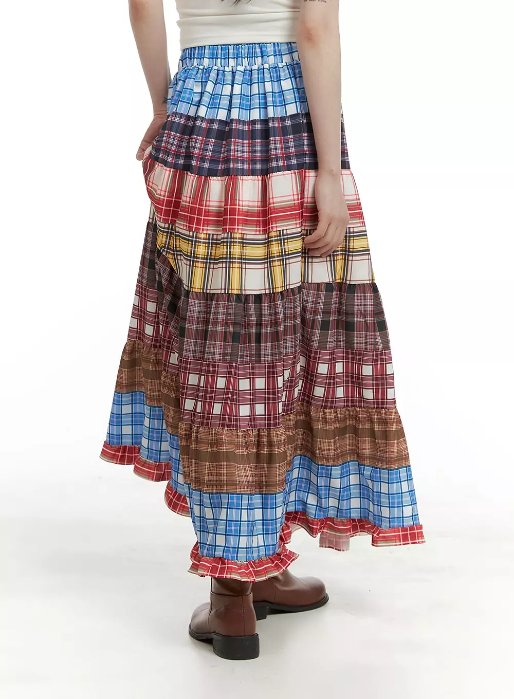 Checkered Maxi Skirt with Ruffle Patchwork - CA411