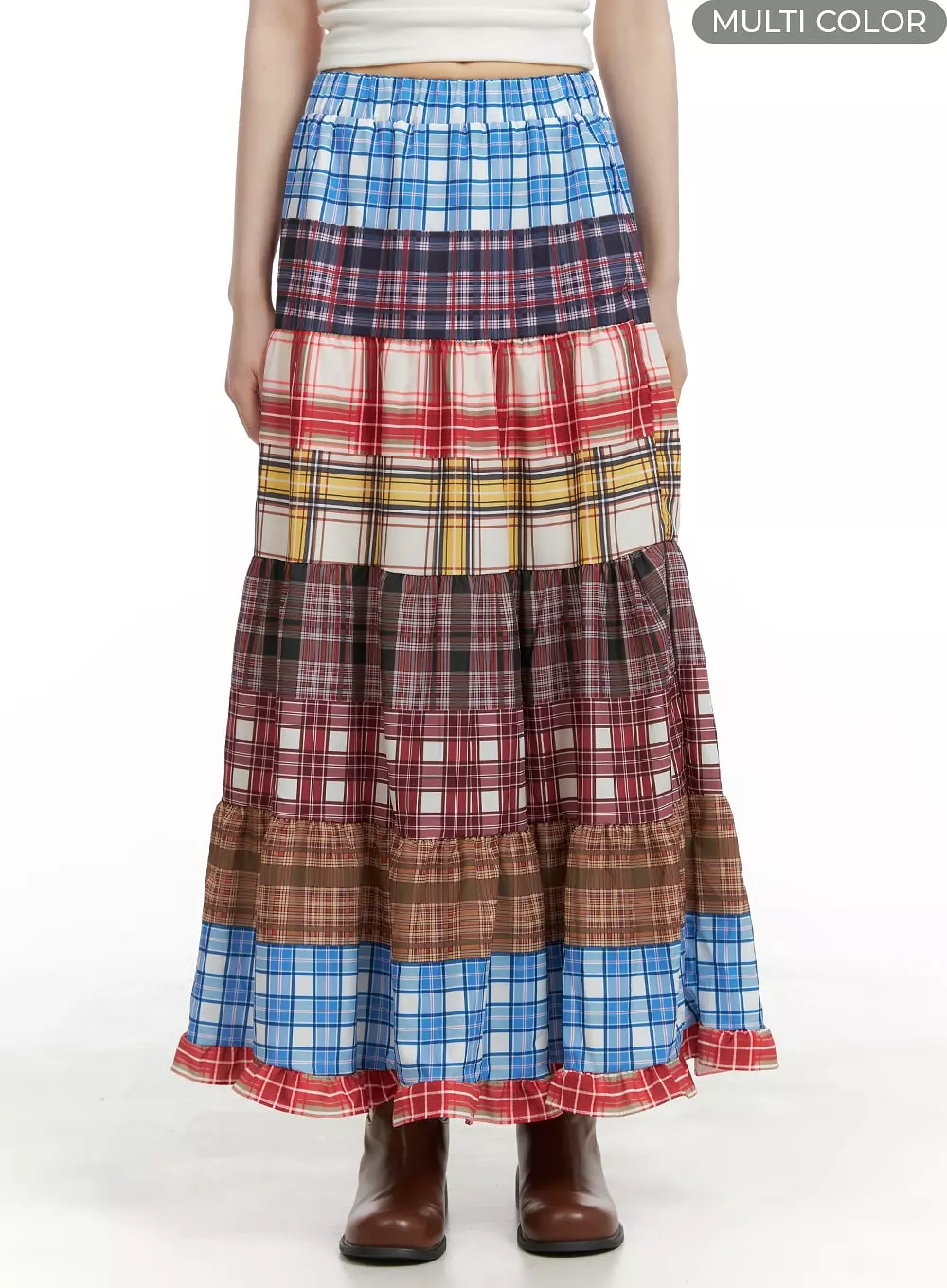 Checkered Maxi Skirt with Ruffle Patchwork - CA411