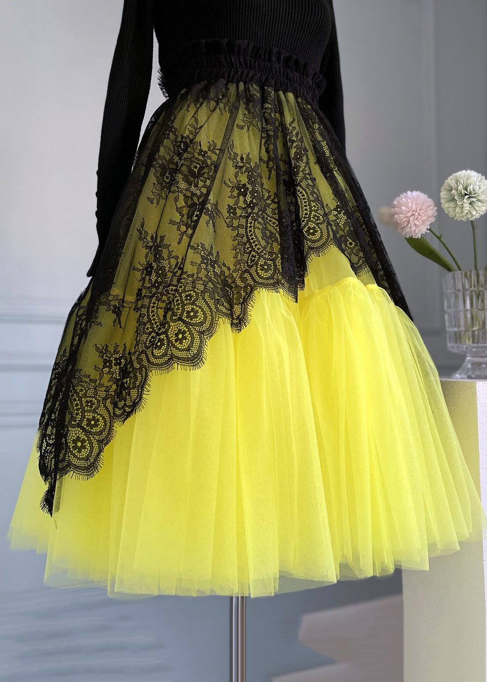 Chic Yellow Lace Tulle Skirts with Elastic Waist - Summer AB1024