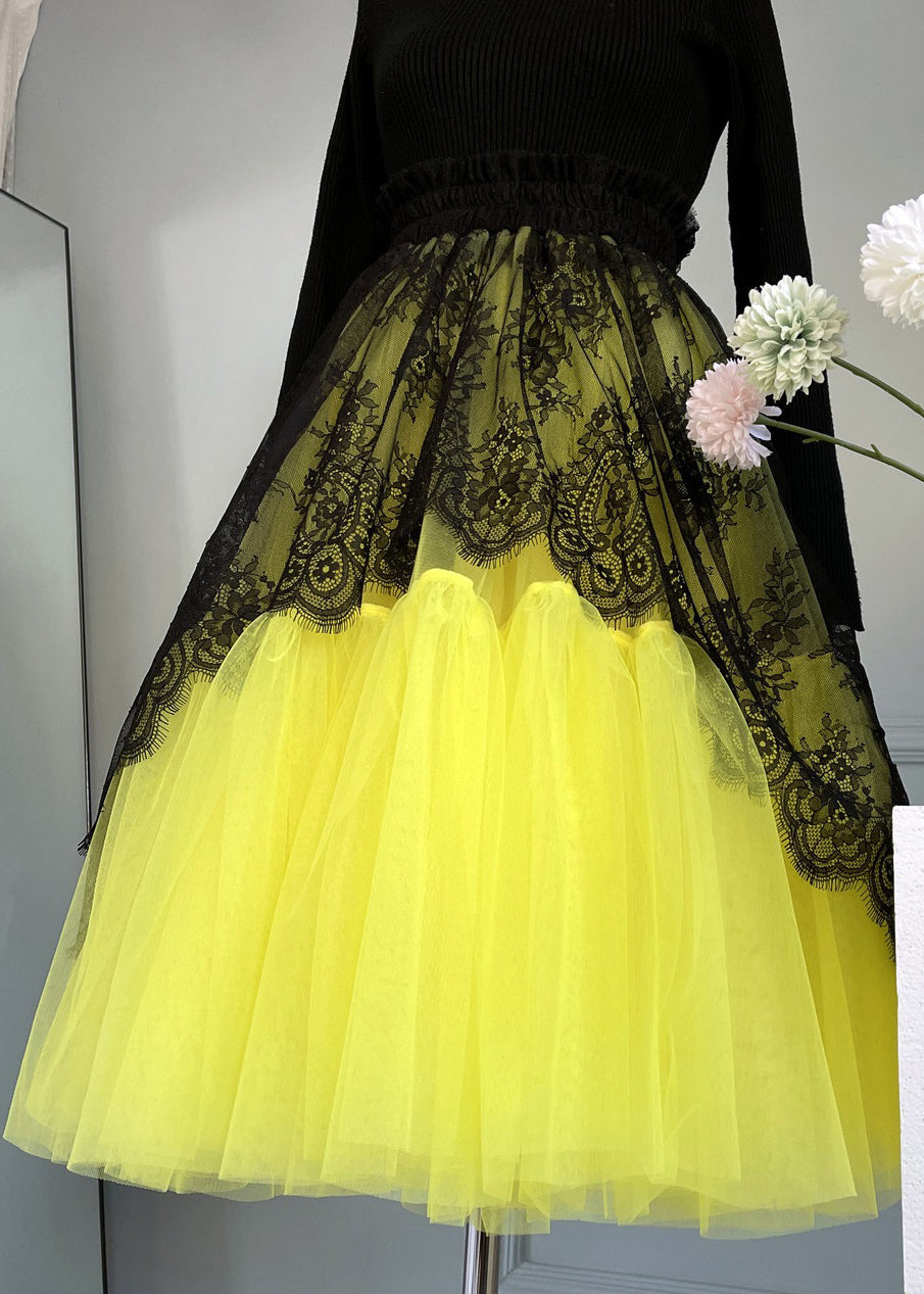 Chic Yellow Lace Tulle Skirts with Elastic Waist - Summer AB1024