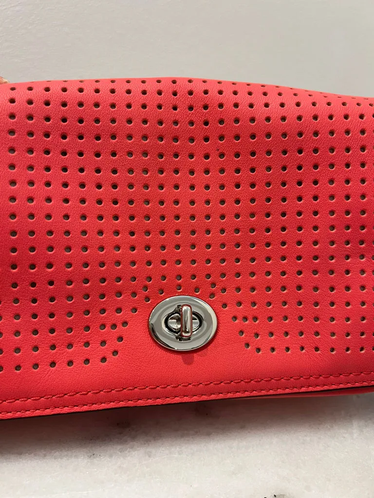 Coach Perforated Fluoro Coral Crossbody Flap Bag