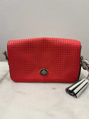 Coach Perforated Fluoro Coral Crossbody Flap Bag