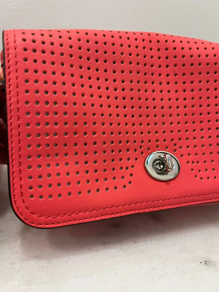 Coach Perforated Fluoro Coral Crossbody Flap Bag