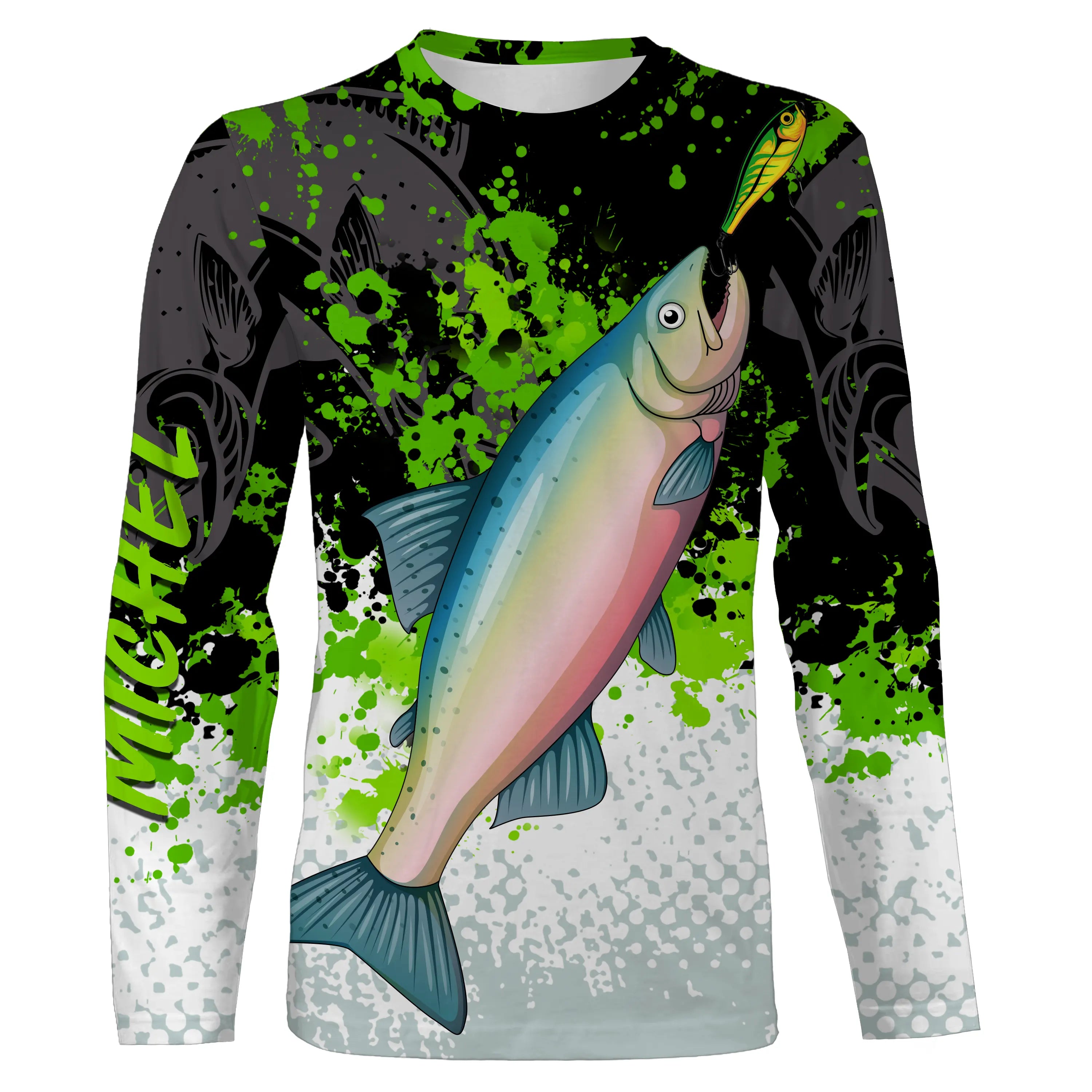 Custom Salmon Fishing Shirt - Green Black White - Ideal Gift for Fisherman