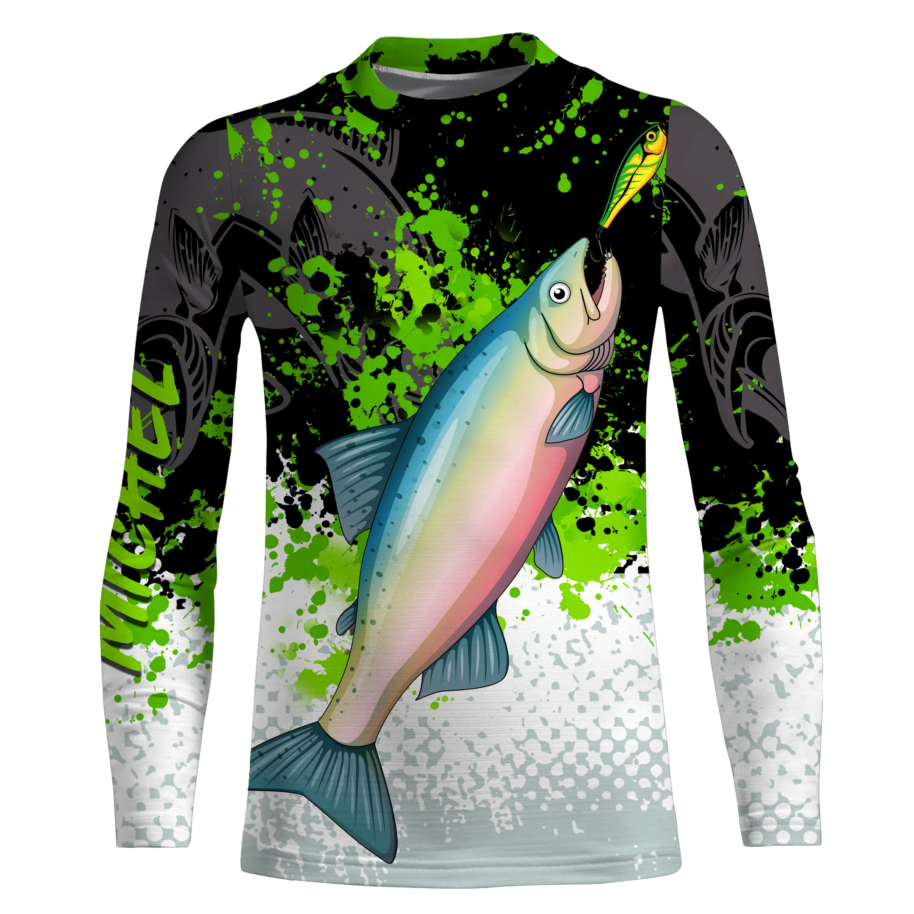 Custom Salmon Fishing Shirt - Green Black White - Ideal Gift for Fisherman