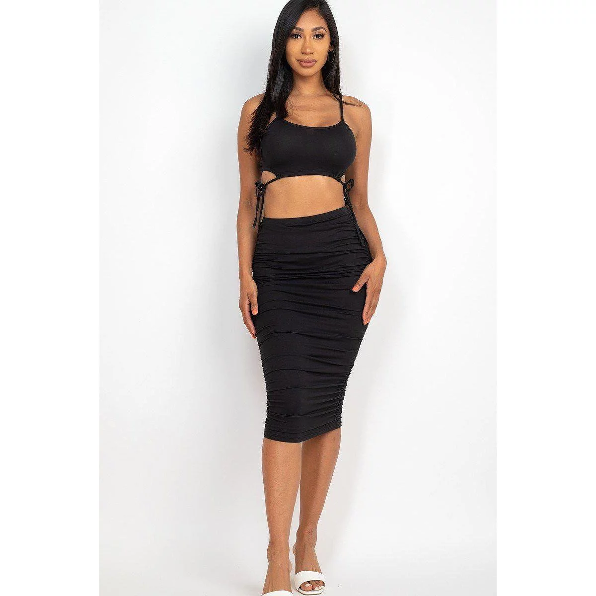 Cut-out Tie Side Crop Top Ruched Midi Skirt Set