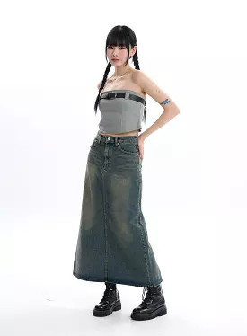 Denim Maxi Skirt Split - IF413