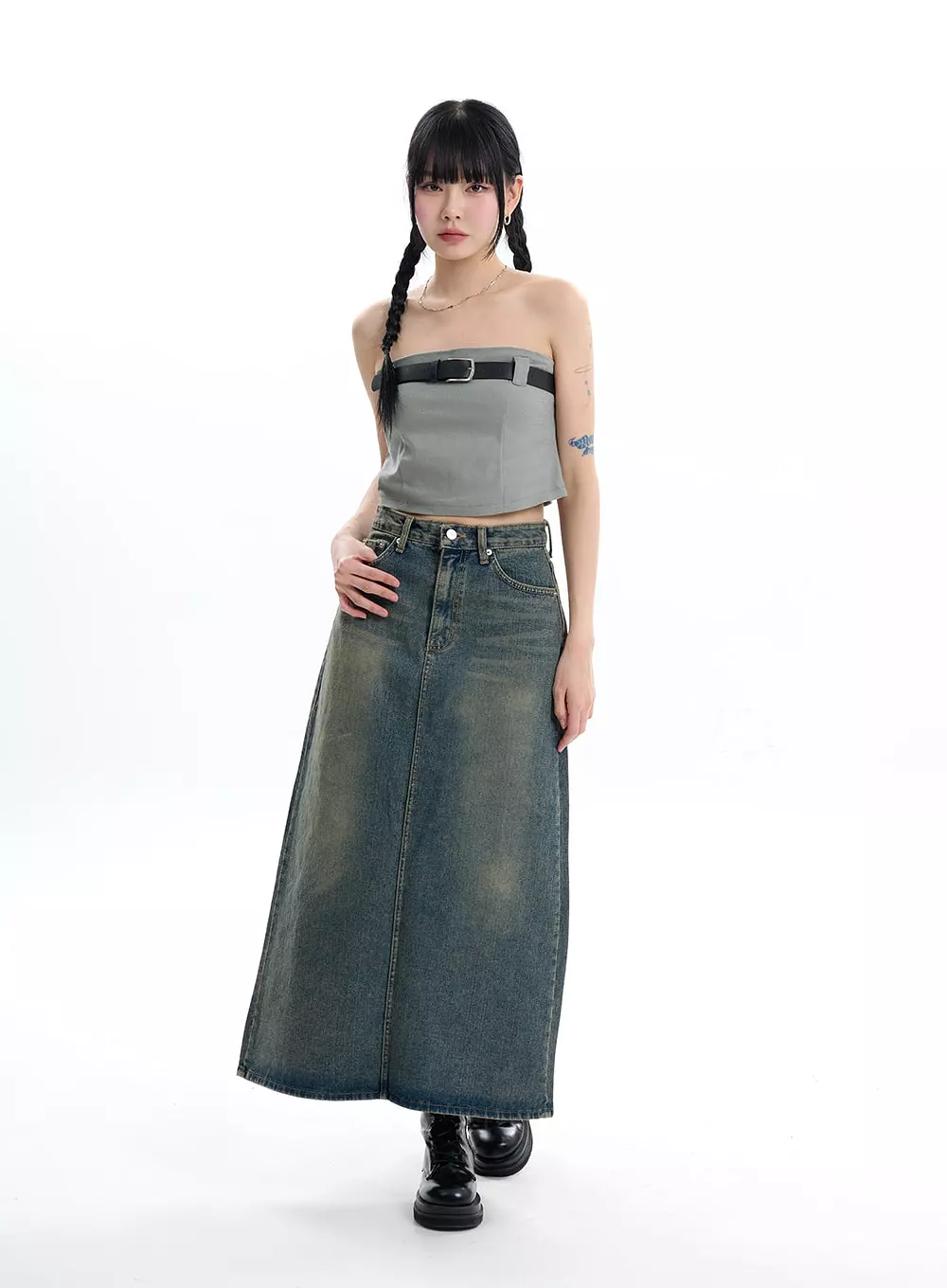 Denim Maxi Skirt Split - IF413