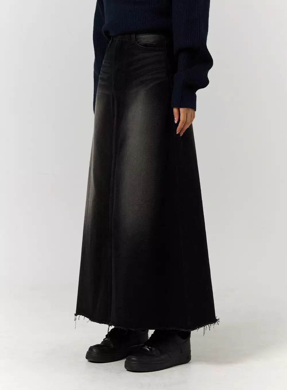 Denim Maxi Skirt with Raw Hem Stitch - CD329