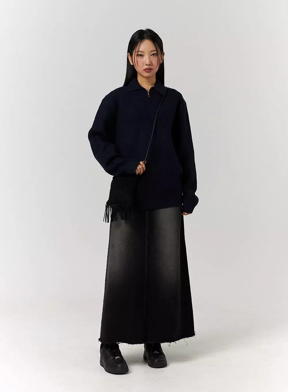 Denim Maxi Skirt with Raw Hem Stitch - CD329