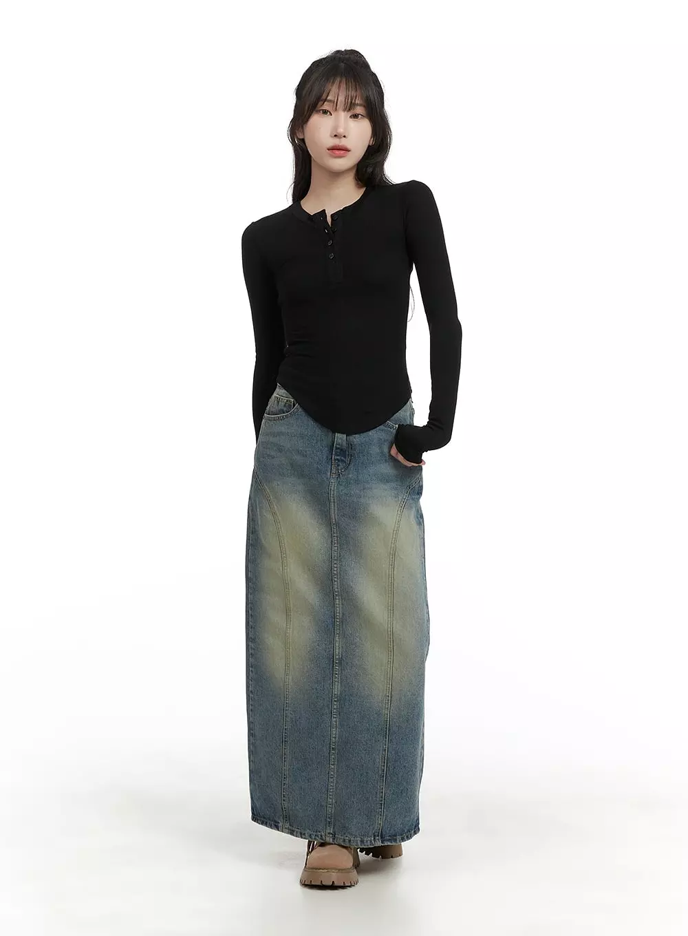 Distressed Denim Maxi Skirt - Shop CA403 Today!