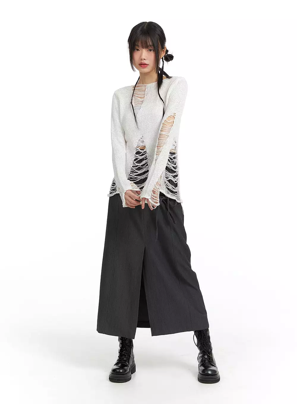 Drawstring Maxi Skirt with Front Split - CF420