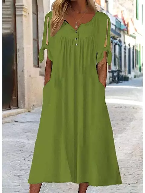 Elegant Button V Neck Shift Dress - Black White Green - S M L XL XXL - Short Sleeve Midi Dress - Casual Basic Daily Wear