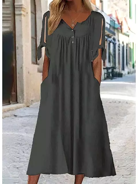 Elegant Button V Neck Shift Dress - Black White Green - S M L XL XXL - Short Sleeve Midi Dress - Casual Basic Daily Wear