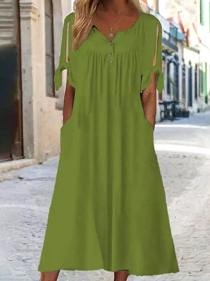 Elegant Button V Neck Shift Dress - Black White Green - S M L XL XXL - Short Sleeve Midi Dress - Casual Basic Daily Wear