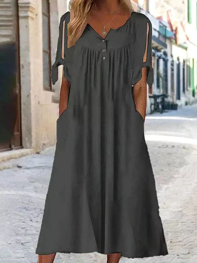 Elegant Button V Neck Shift Dress - Black White Green - S M L XL XXL - Short Sleeve Midi Dress - Casual Basic Daily Wear