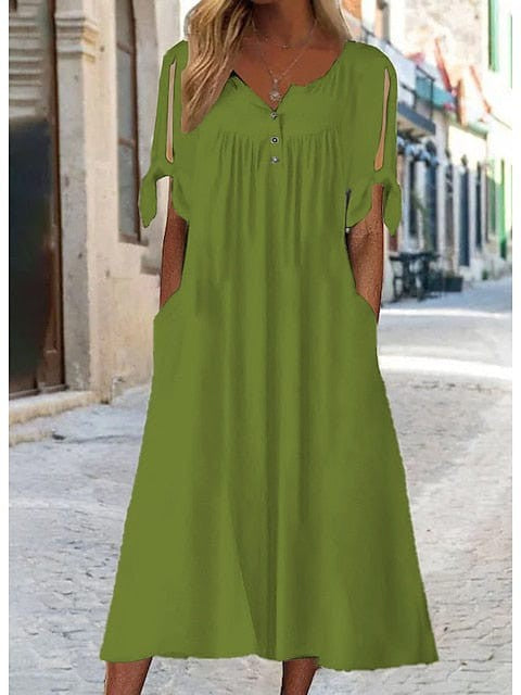 Elegant V Neck Shift Dress for Women - Black White Green - Short Sleeve Midi Dress Casual Basic Daily Wear - Available in Sizes 