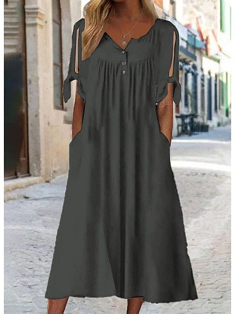 Elegant V Neck Shift Dress for Women - Black White Green - Short Sleeve Midi Dress Casual Basic Daily Wear - Available in Sizes 