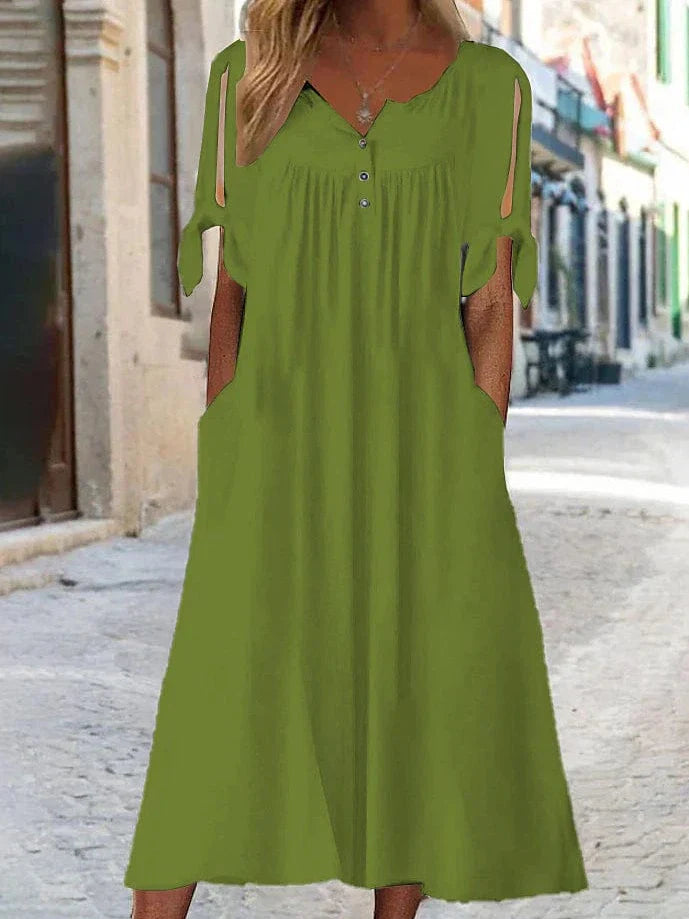 Elegant V Neck Shift Dress for Women - Black White Green - Short Sleeve Midi Dress Casual Basic Daily Wear - Available in Sizes 