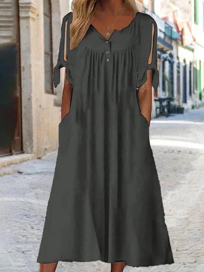 Elegant V Neck Shift Dress for Women - Black White Green - Short Sleeve Midi Dress Casual Basic Daily Wear - Available in Sizes 