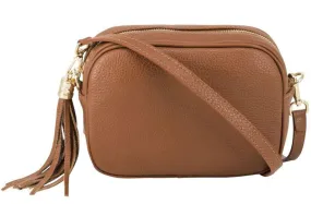 Fabucci Dark Tan  leather crossbody bag with tassel