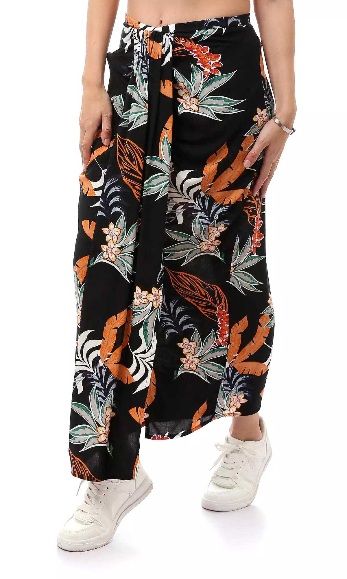 Floral Black Polyester Midi Skirt