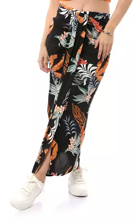 Floral Black Polyester Midi Skirt