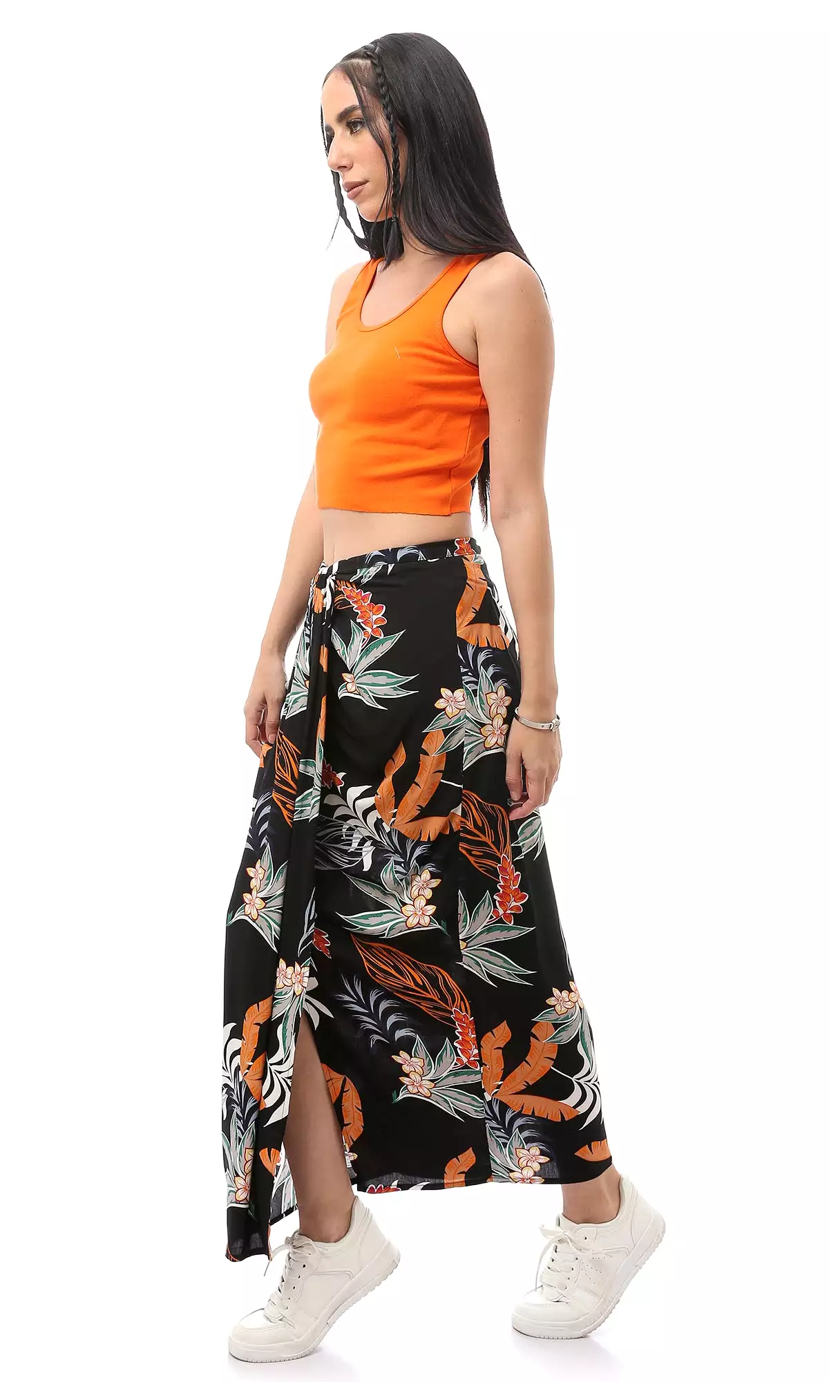 Floral Black Polyester Midi Skirt