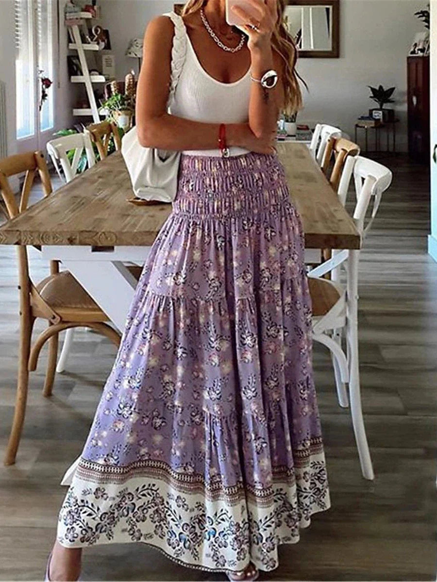 Floral print maxi skirts for women - red, blue, purple, green