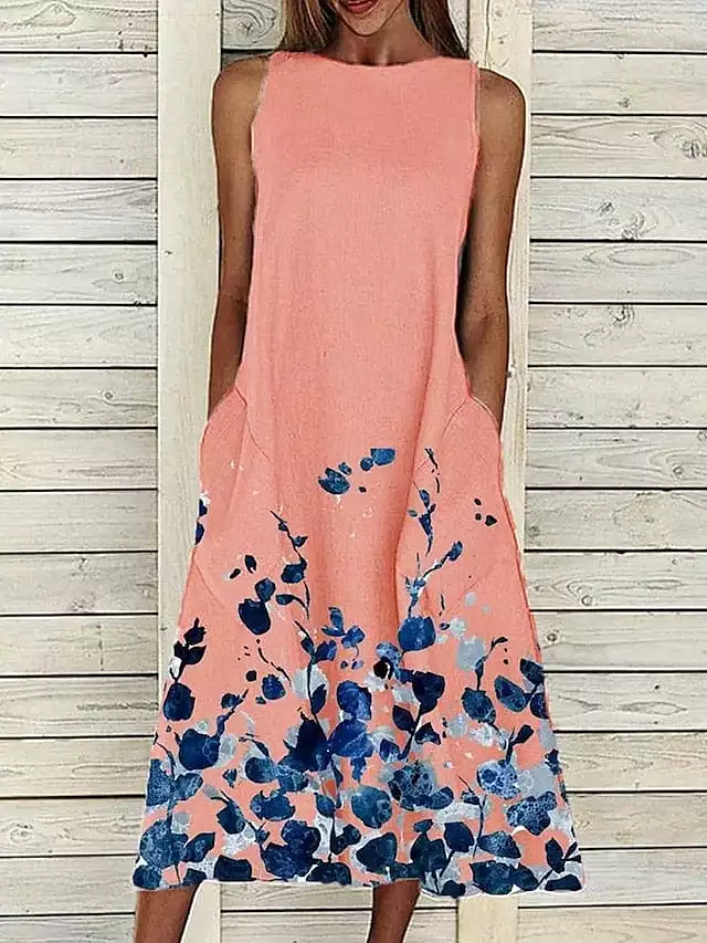 Floral Print Sleeveless Midi Shift Dress for Women