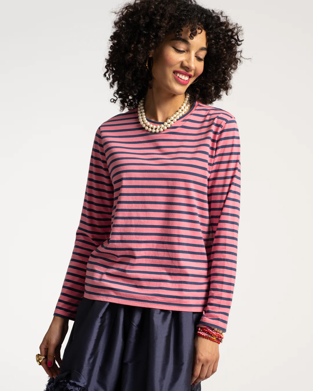 Frances Valentine Pink Oyster Navy Striped Top - Puma Cotton Thick Thin Result