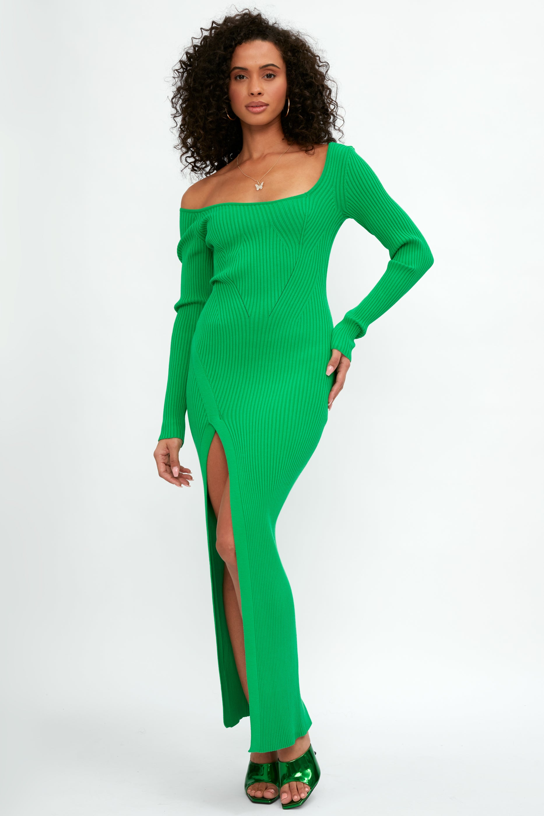 Green Asymmetrical Side Slit Knit Dress