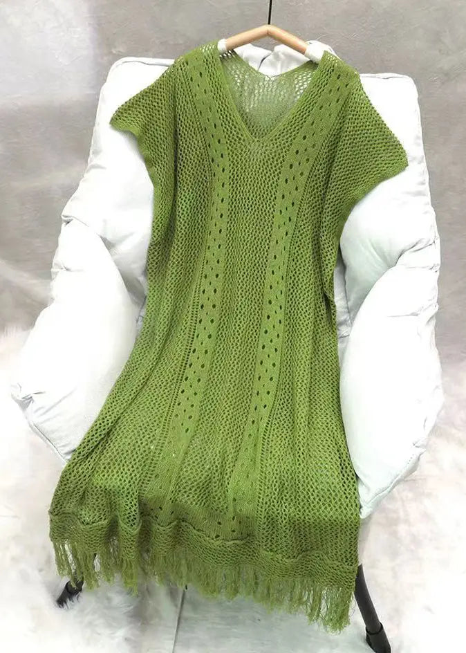 Green V Neck Tasseled Knit Dress for Summer HA1001