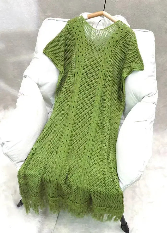 Green V Neck Tasseled Knit Dress for Summer HA1001