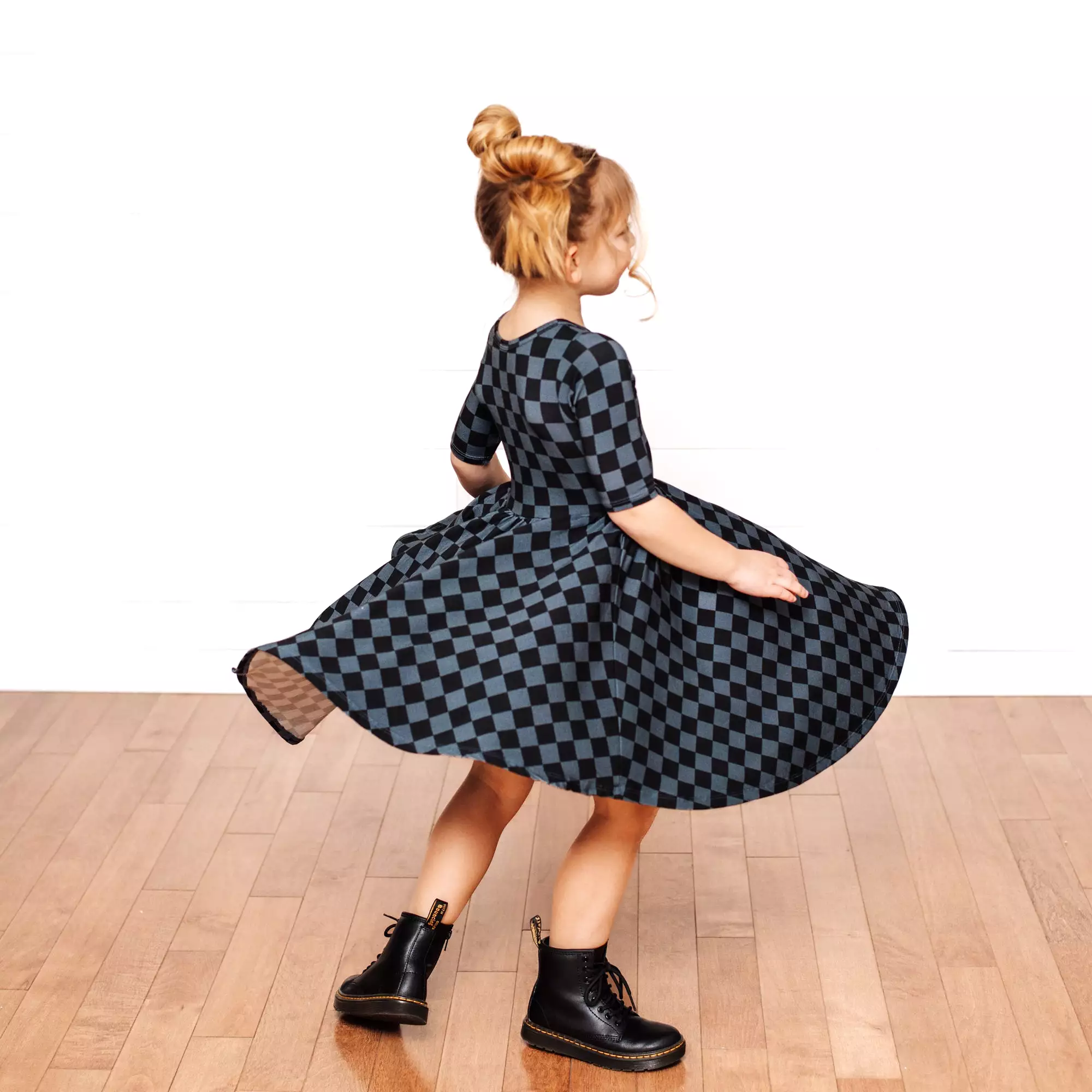 Grey Check Mid Sleeve Twirl Dress