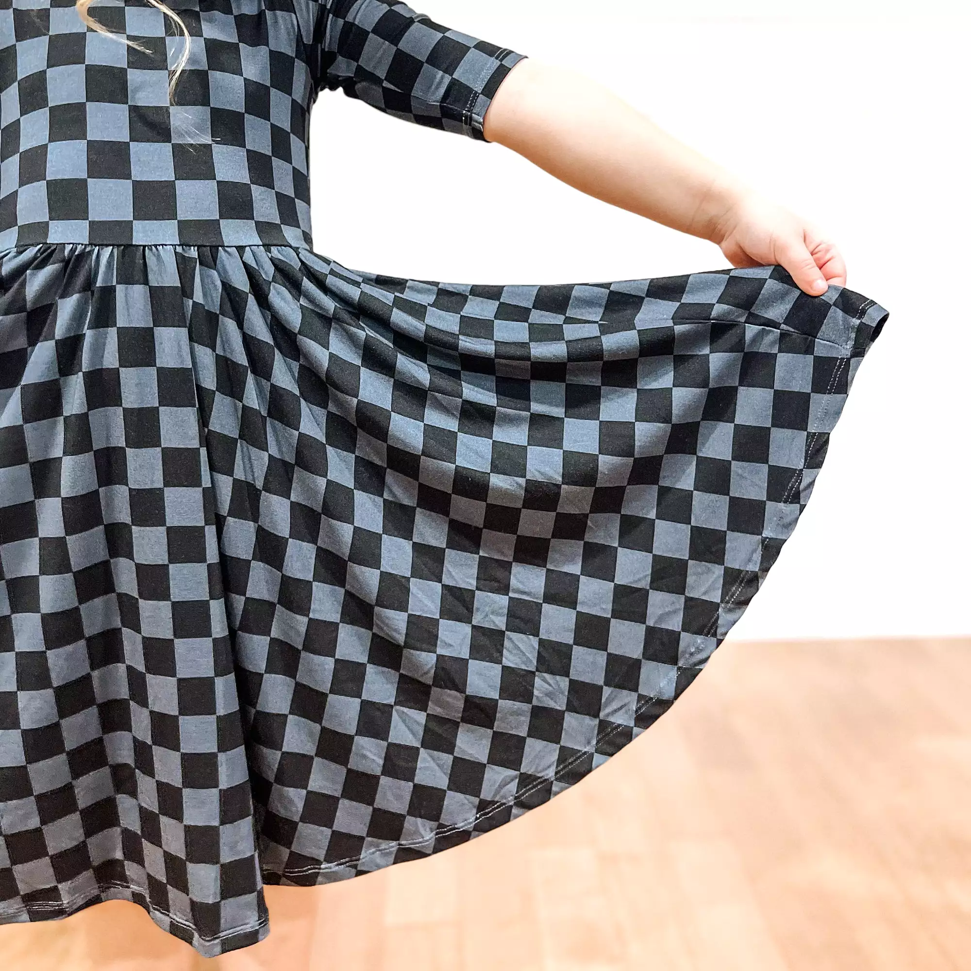 Grey Check Mid Sleeve Twirl Dress