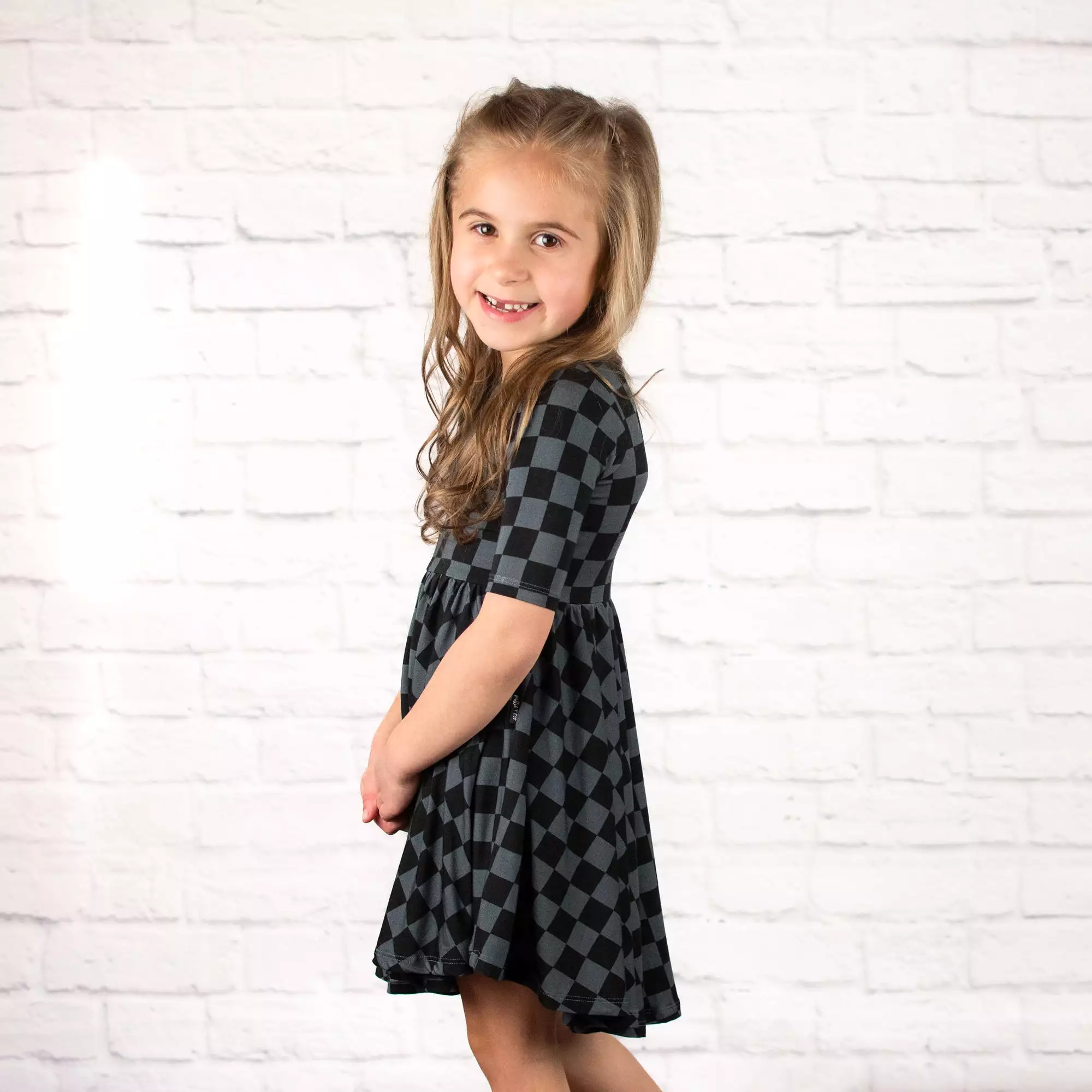 Grey Check Mid Sleeve Twirl Dress