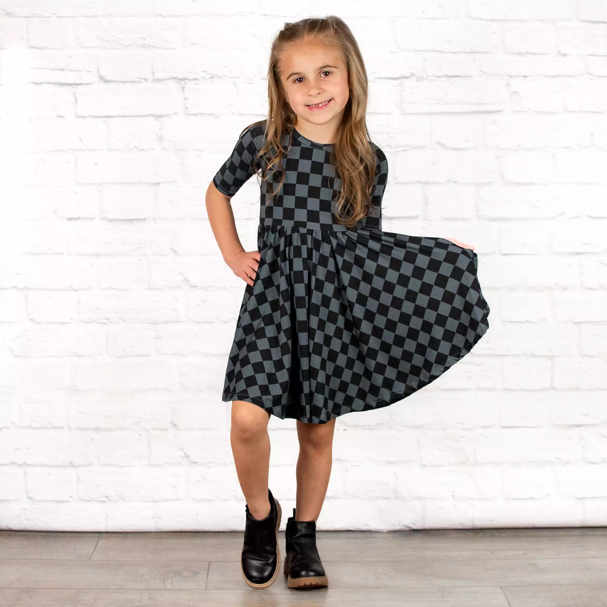 Grey Check Mid Sleeve Twirl Dress