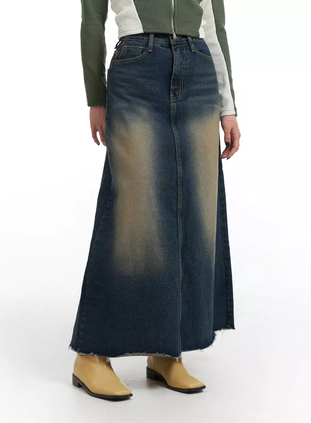 Grunge Denim Maxi Skirt