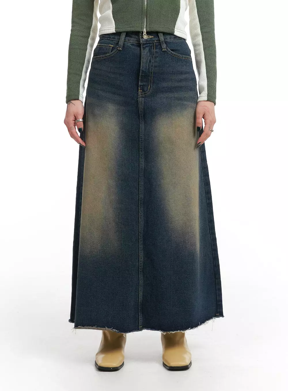 Grunge Denim Maxi Skirt