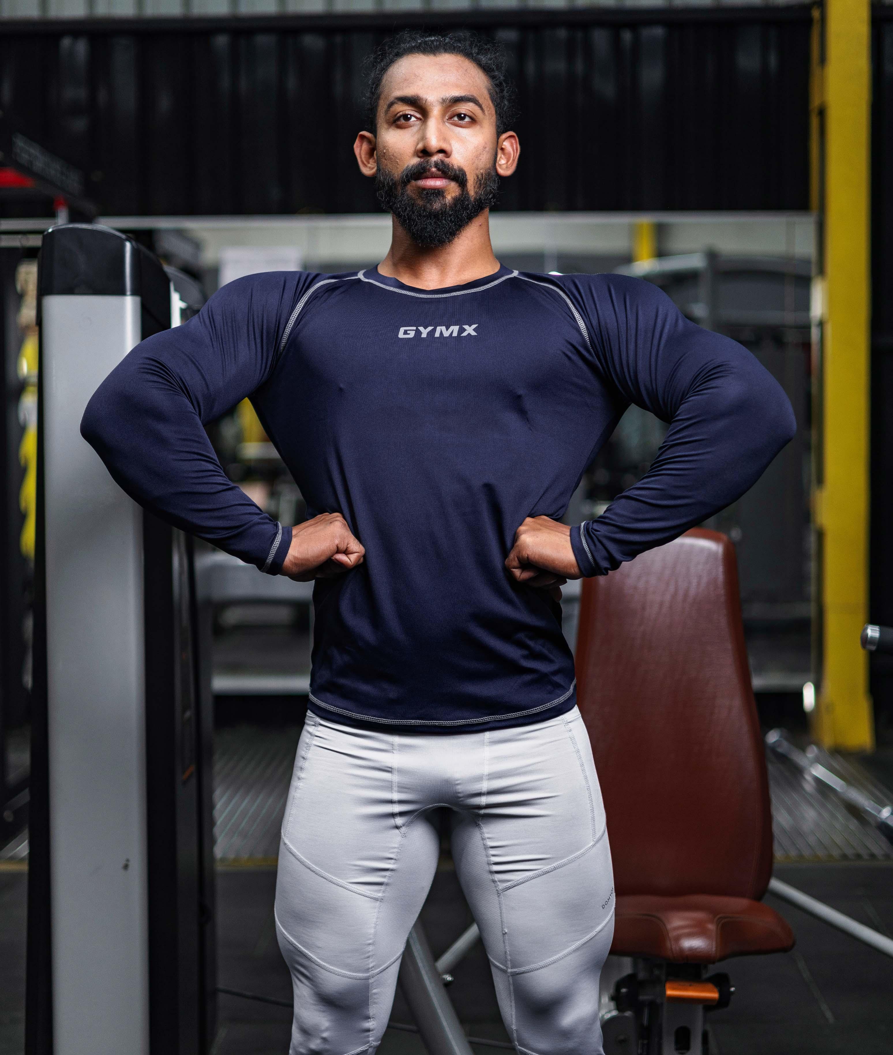 GymX Compression Full Sleeve Tee in Navy Blue