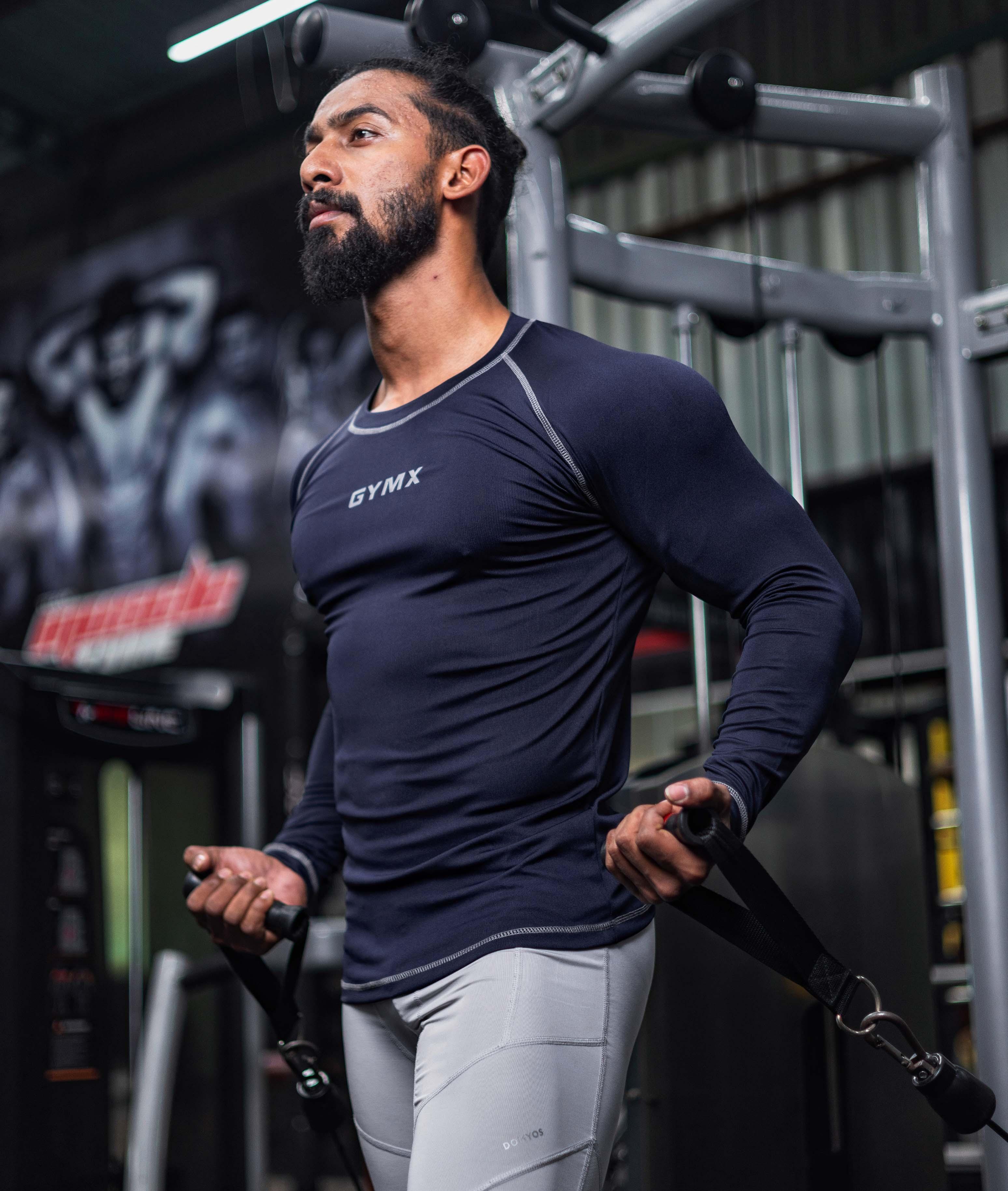 GymX Compression Full Sleeve Tee in Navy Blue