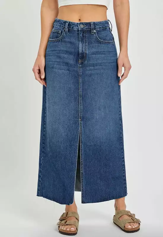 Hidden Jeans Peyton High Rise Denim Midi Skirt Dark Denim