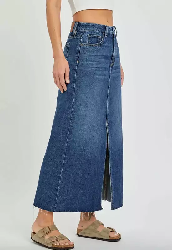 Hidden Jeans Peyton High Rise Denim Midi Skirt Dark Denim